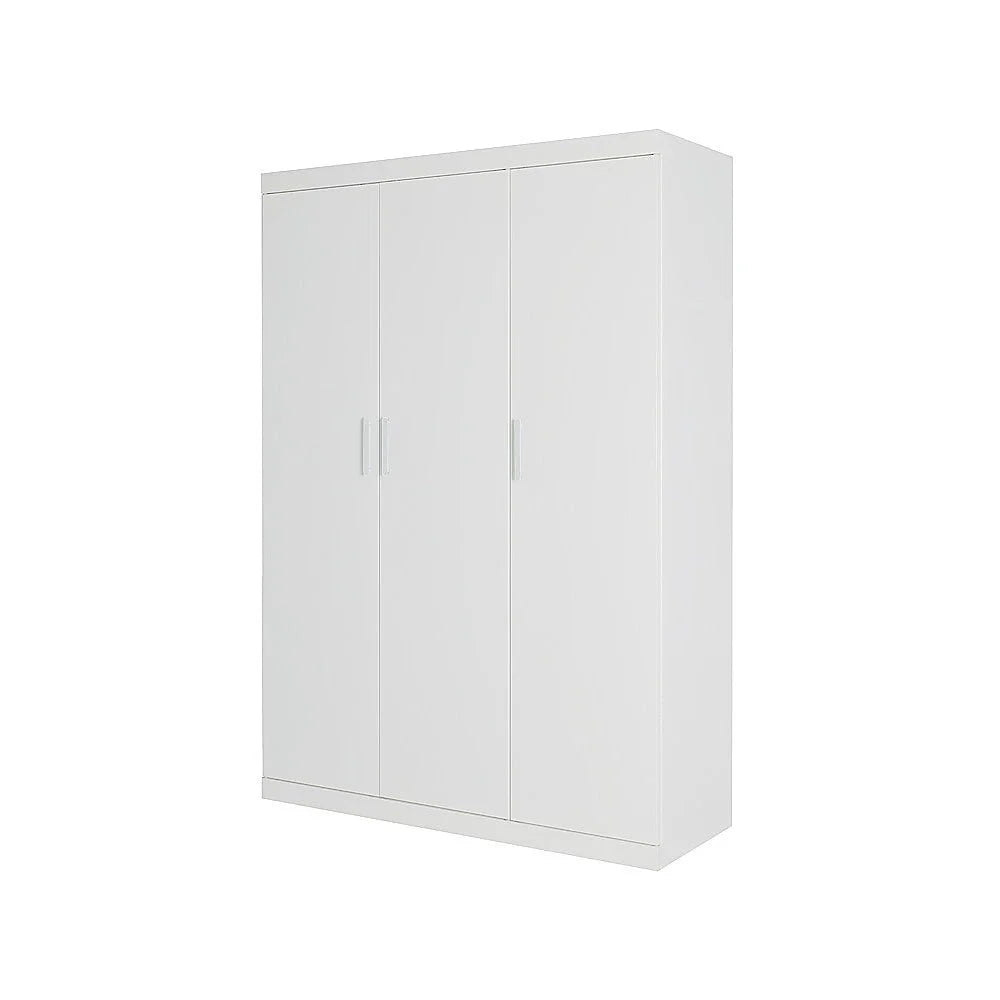 3 Door White Gloss Wardrobe – White Handles Hanging Rail &