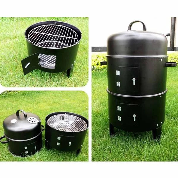3-in-1 Barbecue Smoker Outdoor Charcoal BBQ Grill Camping Picnic Fishing - Premium
