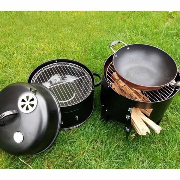 3-in-1 Barbecue Smoker Outdoor Charcoal BBQ Grill Camping Picnic Fishing - Premium