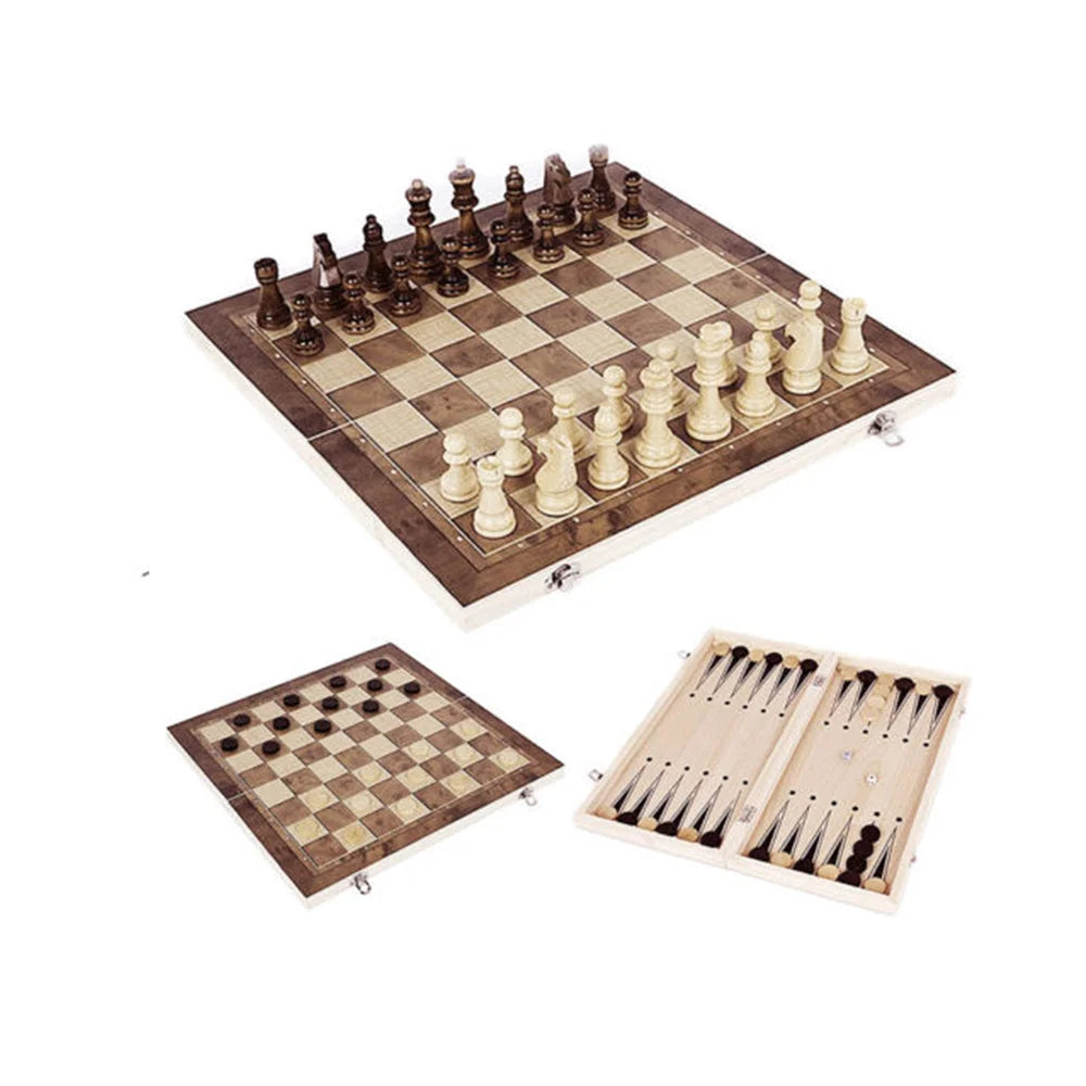 3-in-1 Wooden Chess Set Folding Chessboard Draughts