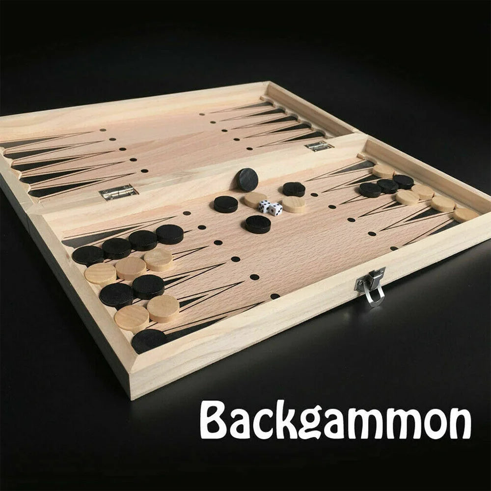 3-in-1 Wooden Chess Set Folding Chessboard Draughts