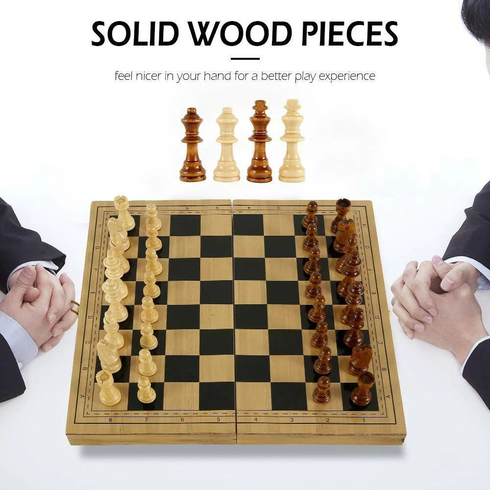 3-in-1 Wooden Chess Set Folding Chessboard Draughts