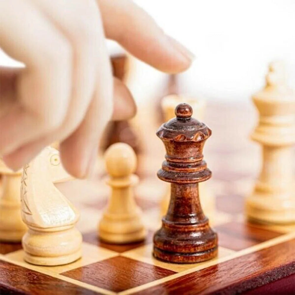 3-in-1 Wooden Chess Set Folding Chessboard Draughts