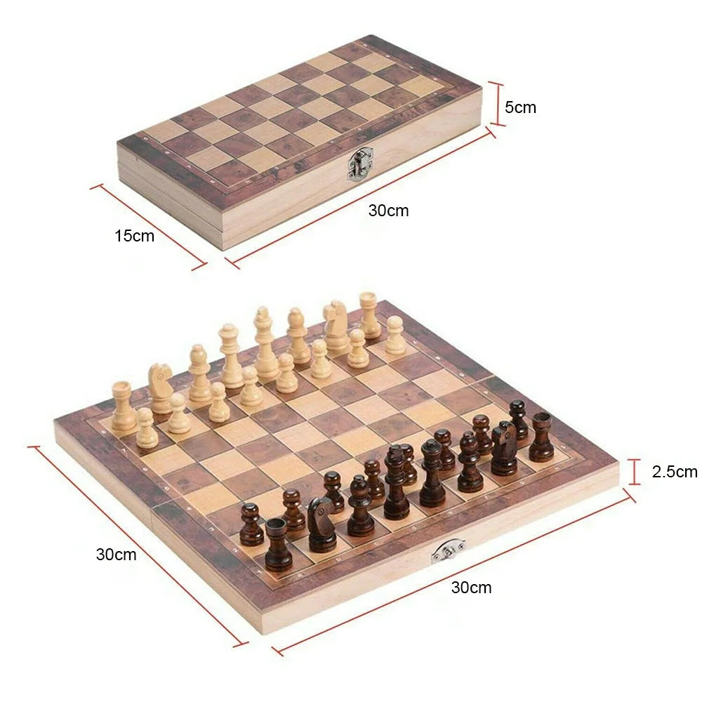 3-in-1 Wooden Chess Set Folding Chessboard Draughts