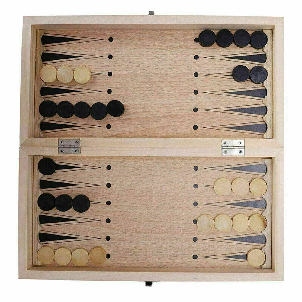 3-in-1 Wooden Chess Set Folding Chessboard Draughts