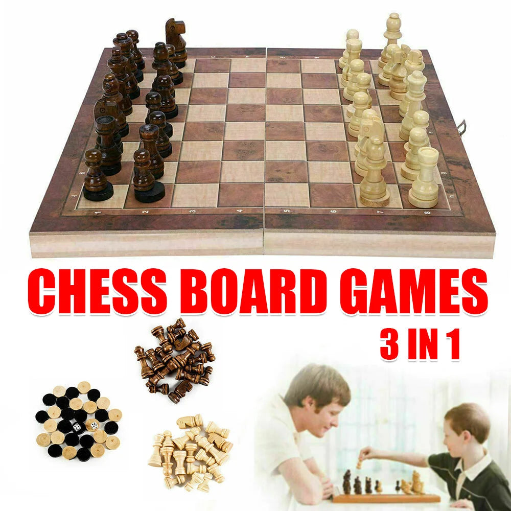 3-in-1 Wooden Chess Set Folding Chessboard Draughts