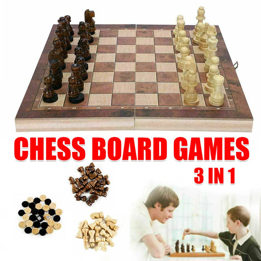 3-in-1 Wooden Chess Set Folding Chessboard Draughts