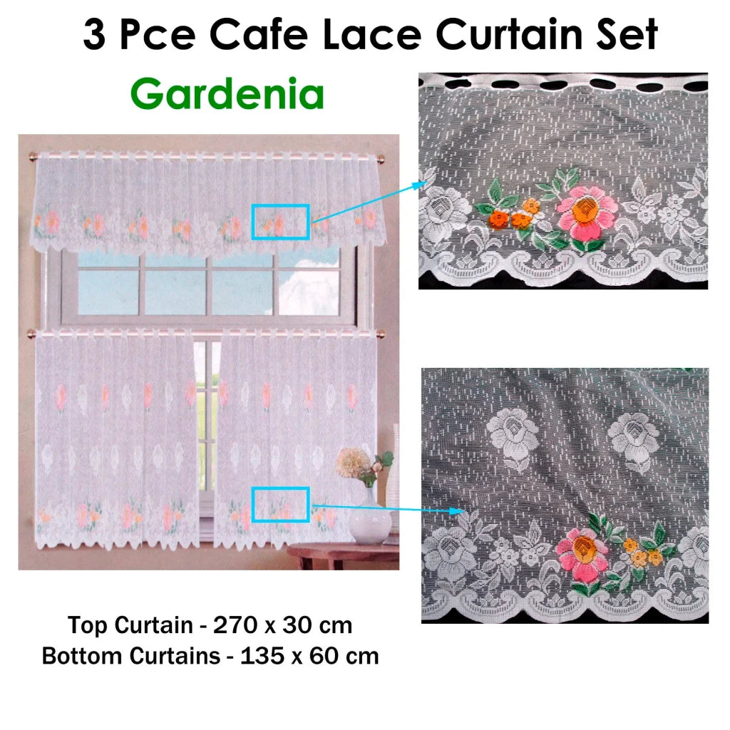 3 Pce Cafe Gardenia Lace Curtain Set - Home & Garden >