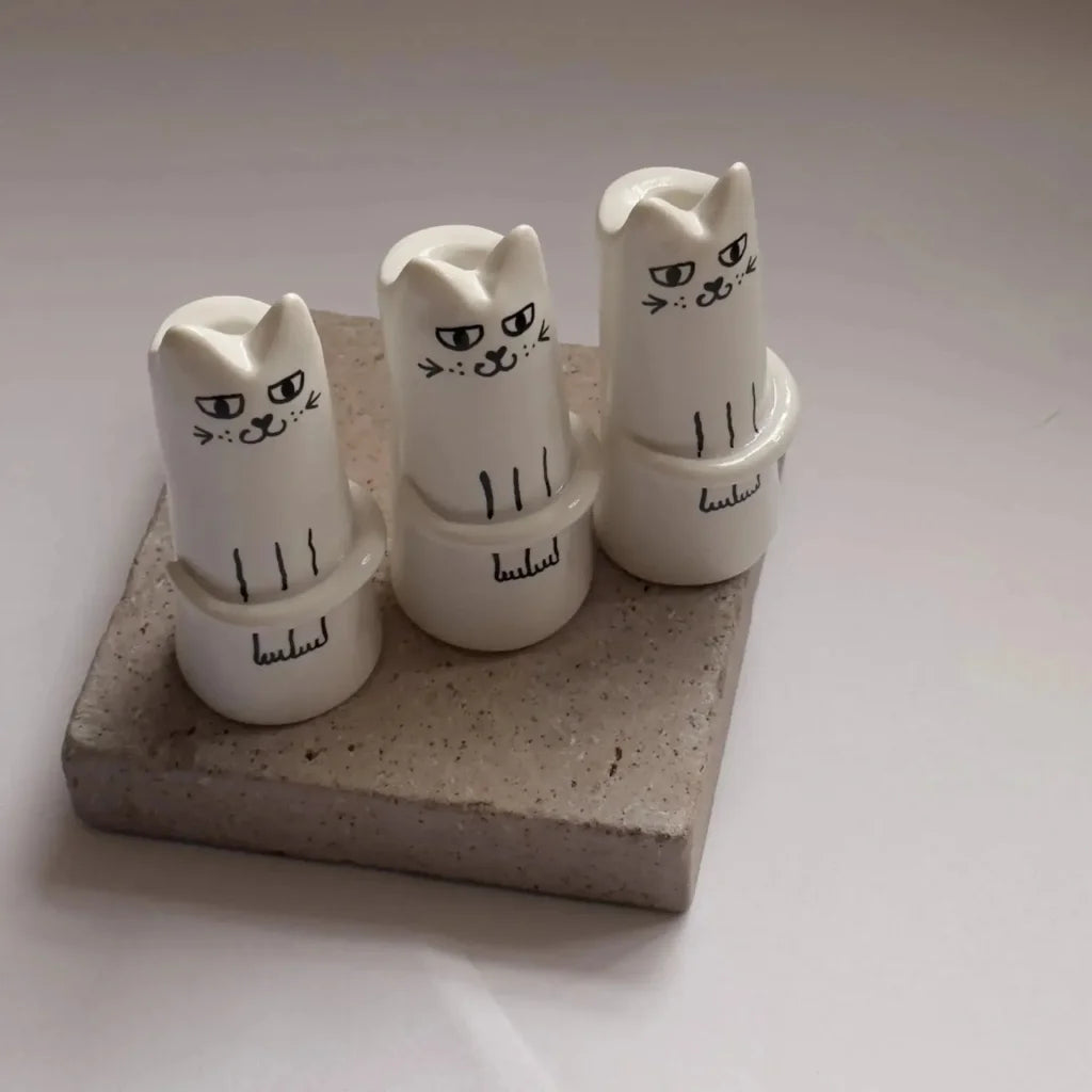 3 Pcs White And Black Adorable Sassy Cat Mini Bud Vase