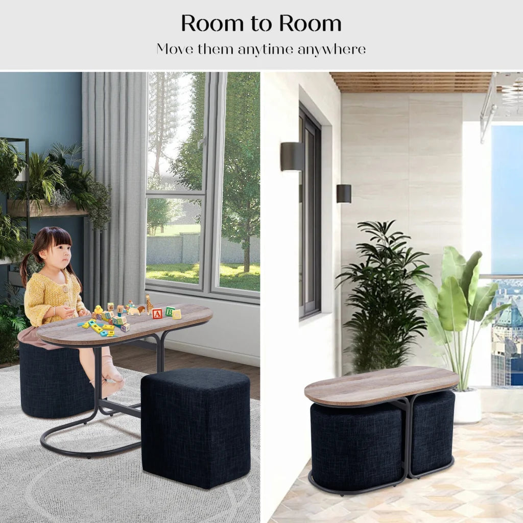 3 Piece Set Coffee Table & Ottoman Wood Side End Table
