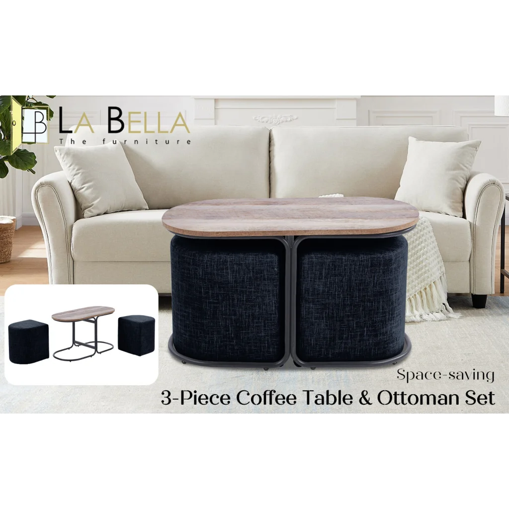 3 Piece Set Coffee Table & Ottoman Wood Side End Table