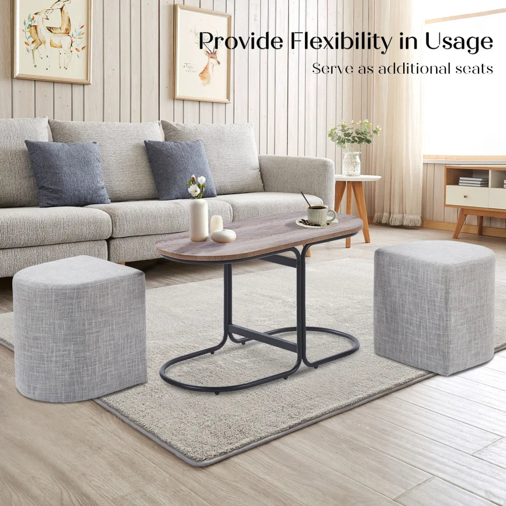 3 Piece Set Coffee Table & Ottoman Wood Side End Table