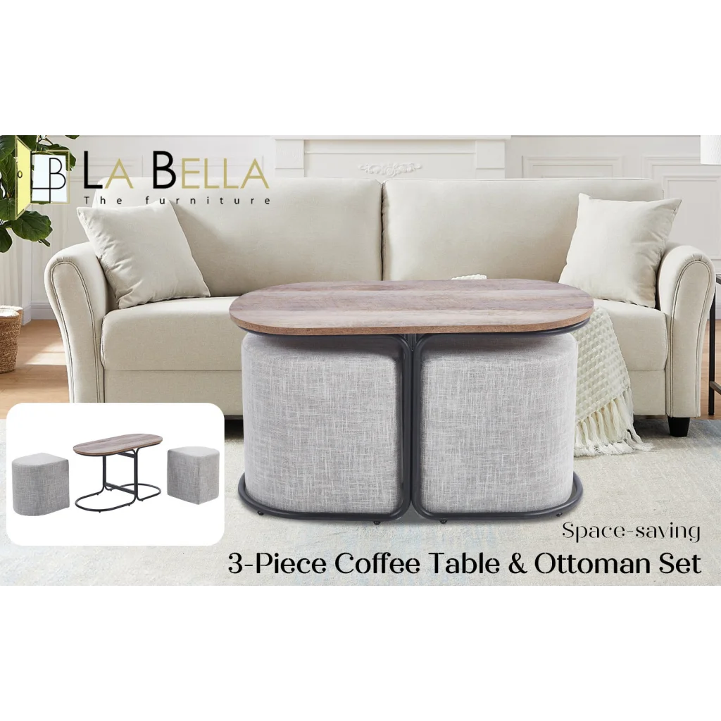 3 Piece Set Coffee Table & Ottoman Wood Side End Table