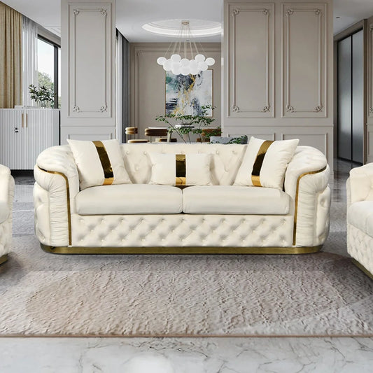 3 Seater Sofa Beige Velvet Fabric Solid Wood construction
