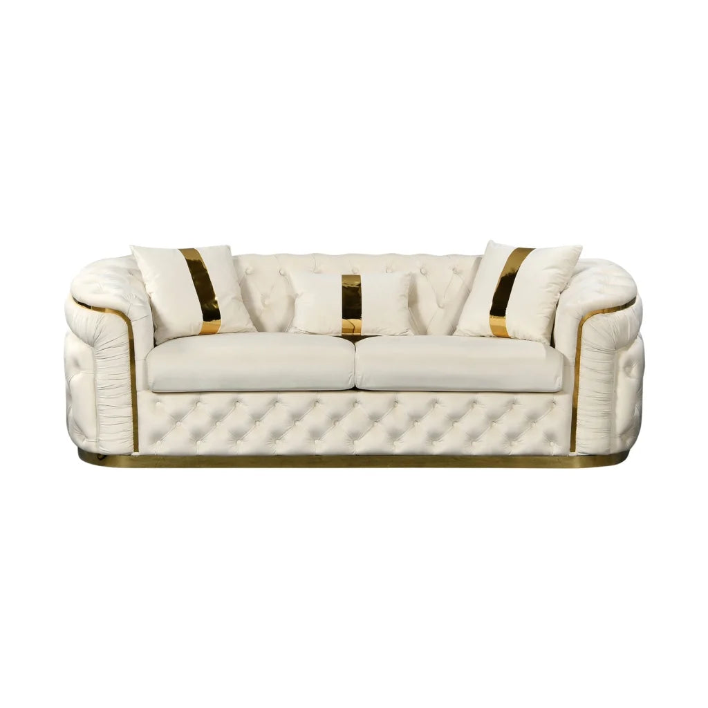 3 Seater Sofa Beige Velvet Fabric Solid Wood construction