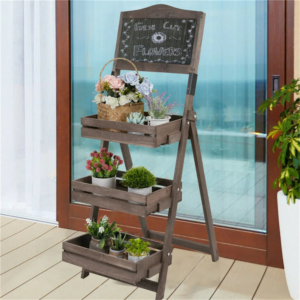 3 Tier Rustic Wood Plant Stand 38CM Corner Shelf - Home &