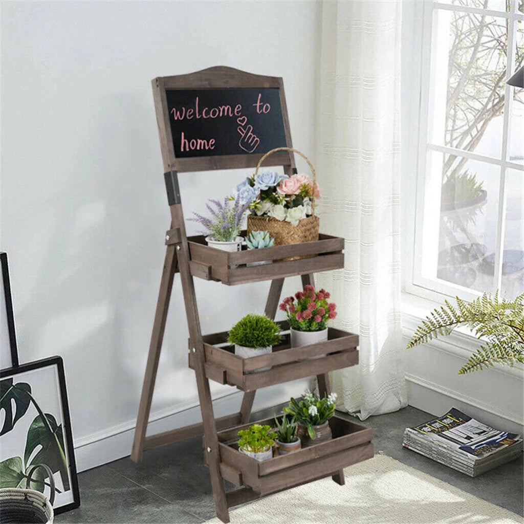 3 Tier Rustic Wood Plant Stand 38CM Corner Shelf - Home &