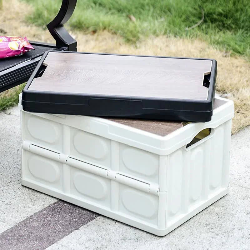 30L White Foldable Storage Box with Wooden Lid