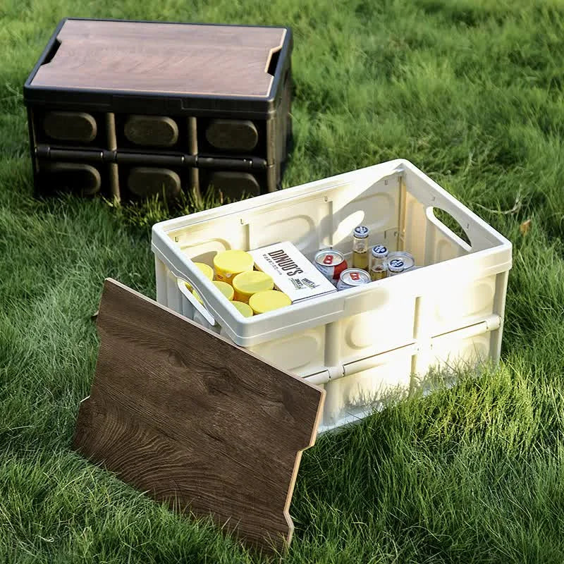 30L White Foldable Storage Box with Wooden Lid