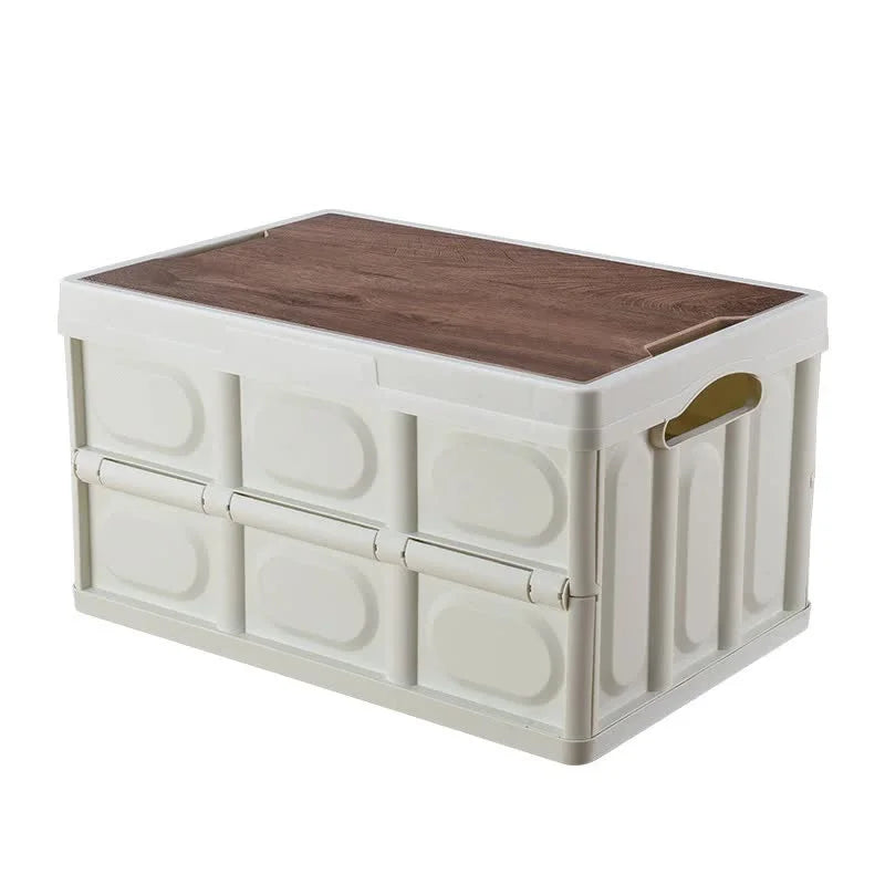 30L White Foldable Storage Box with Wooden Lid