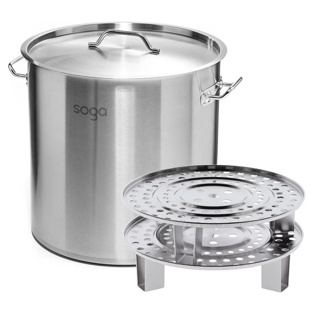 33L Stainless Steel Stock Pot with Two Steamer Rack Insert - Premium
