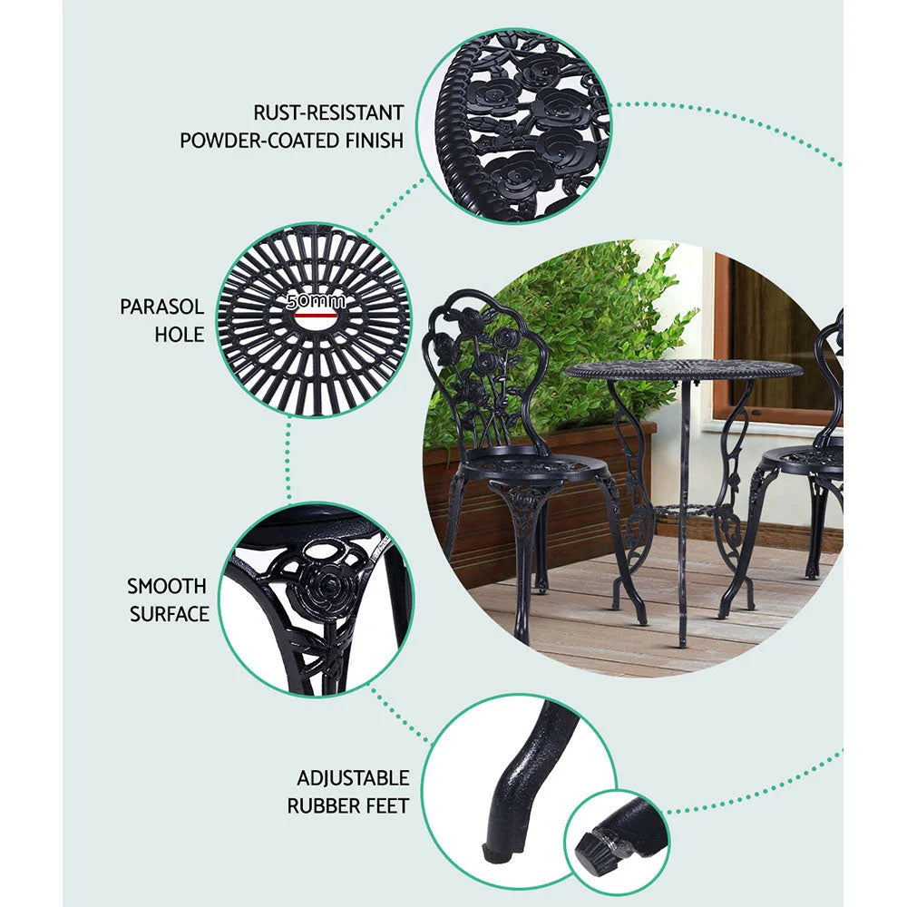 3PC Outdoor Setting Cast Aluminium Bistro Table Chair Patio