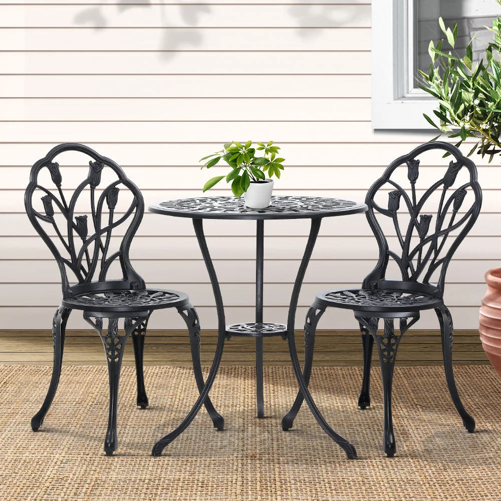 3PC Outdoor Setting Cast Aluminium Bistro Table Chair Patio