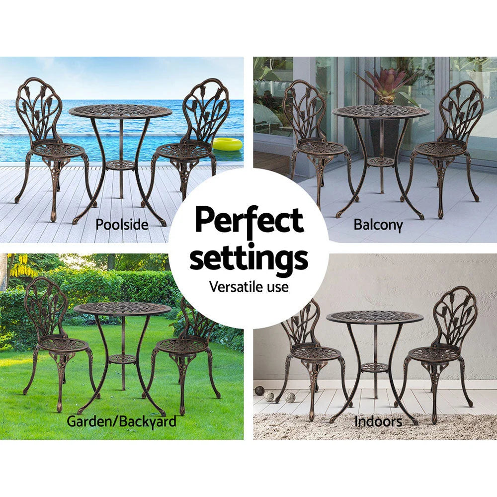 3PC Outdoor Setting Cast Aluminium Bistro Table Chair Patio