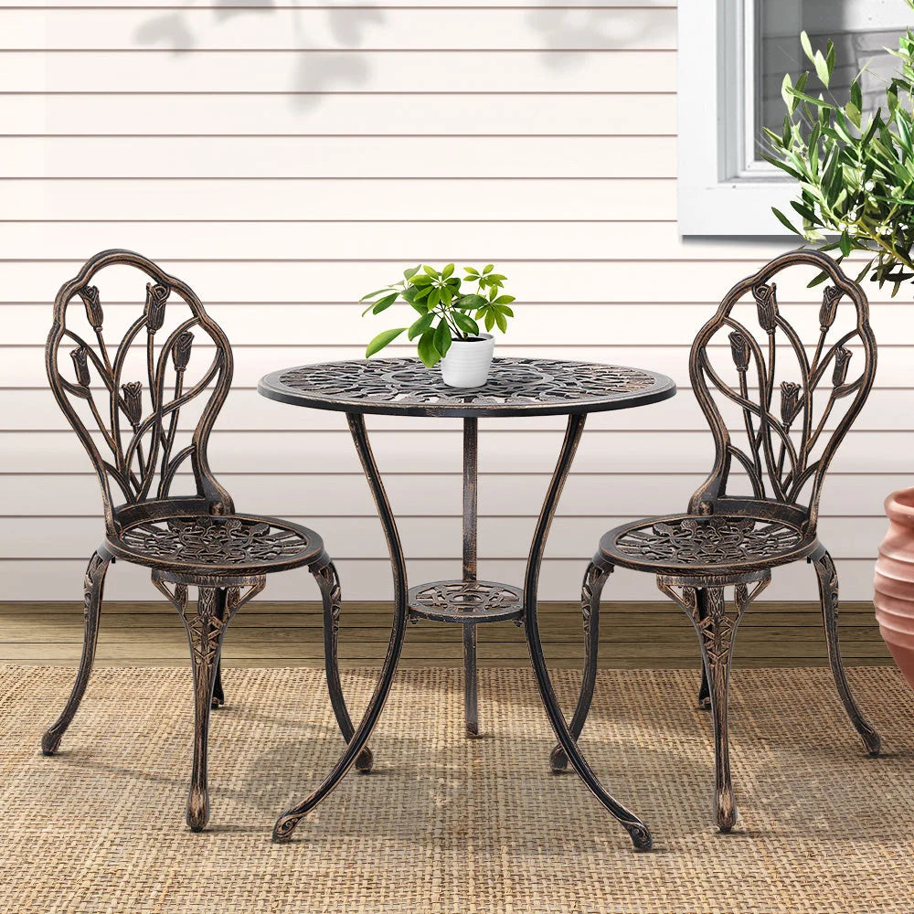 3PC Outdoor Setting Cast Aluminium Bistro Table Chair Patio