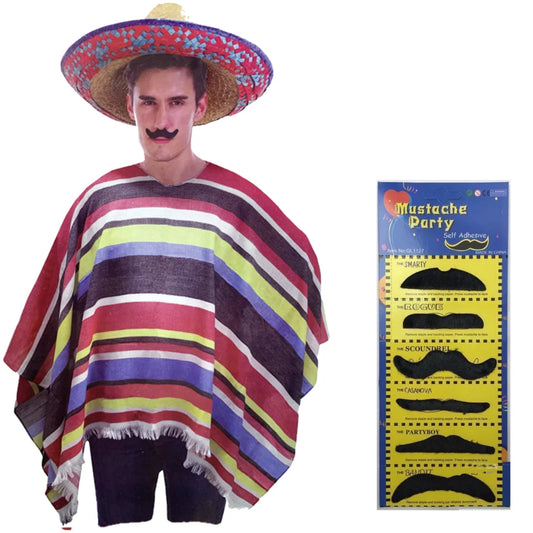 3pc Set Mens Mexican Poncho + Sombrero + Moustache Spanish