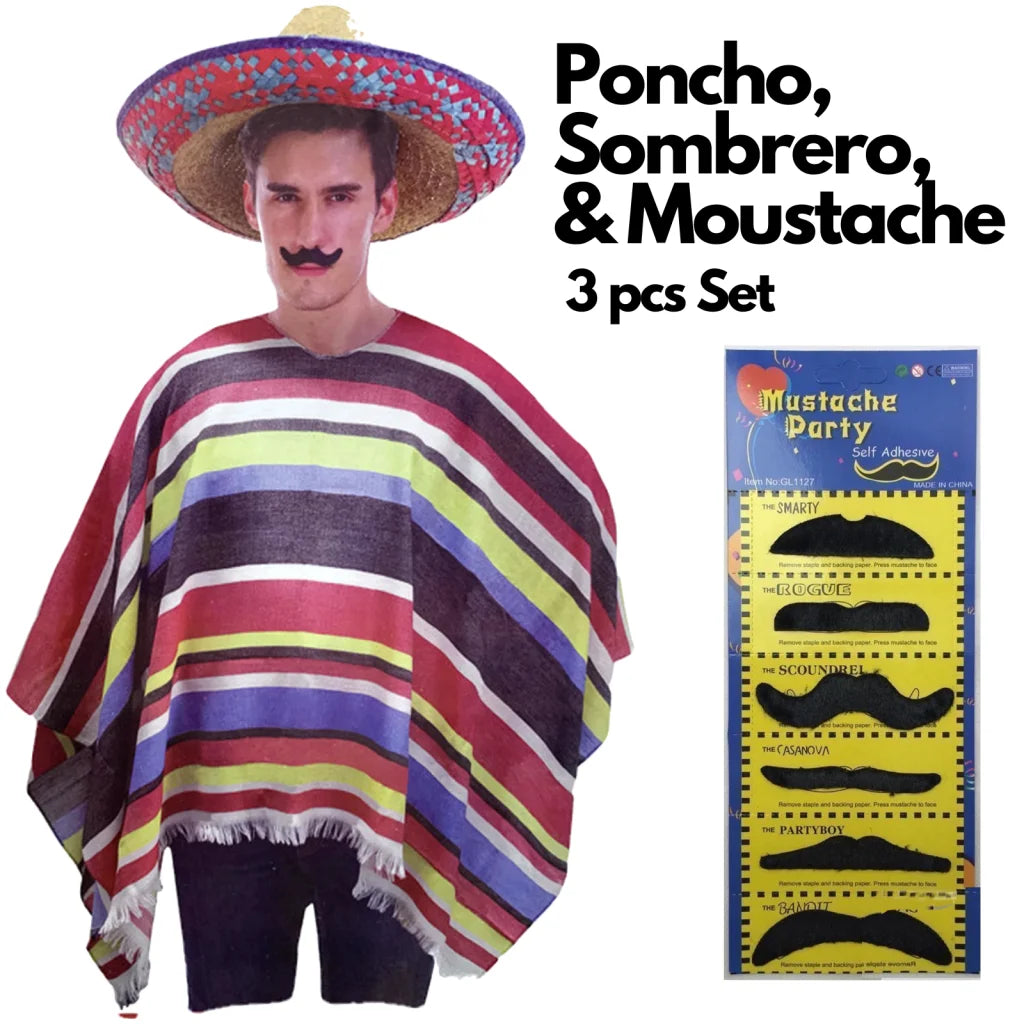 3pc Set Mens Mexican Poncho + Sombrero + Moustache Spanish