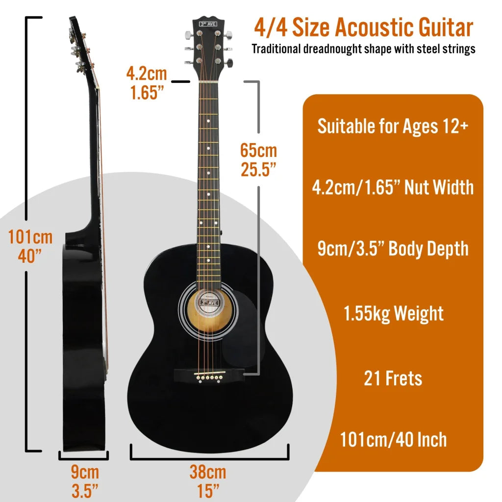 3rd Avenue Acoustic Guitar Premium Pack - Black - Audio &