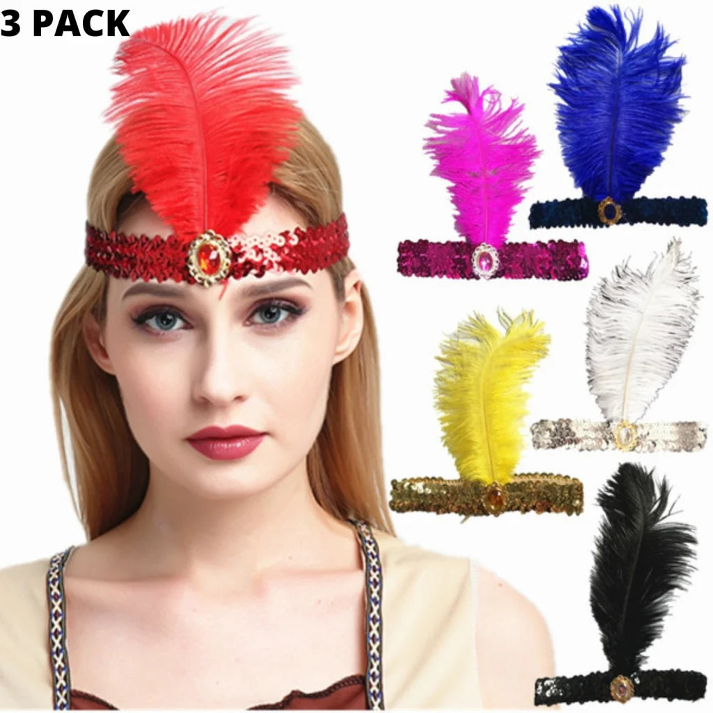 3x 1920s FLAPPER HEADBAND Headpiece Feather Sequin