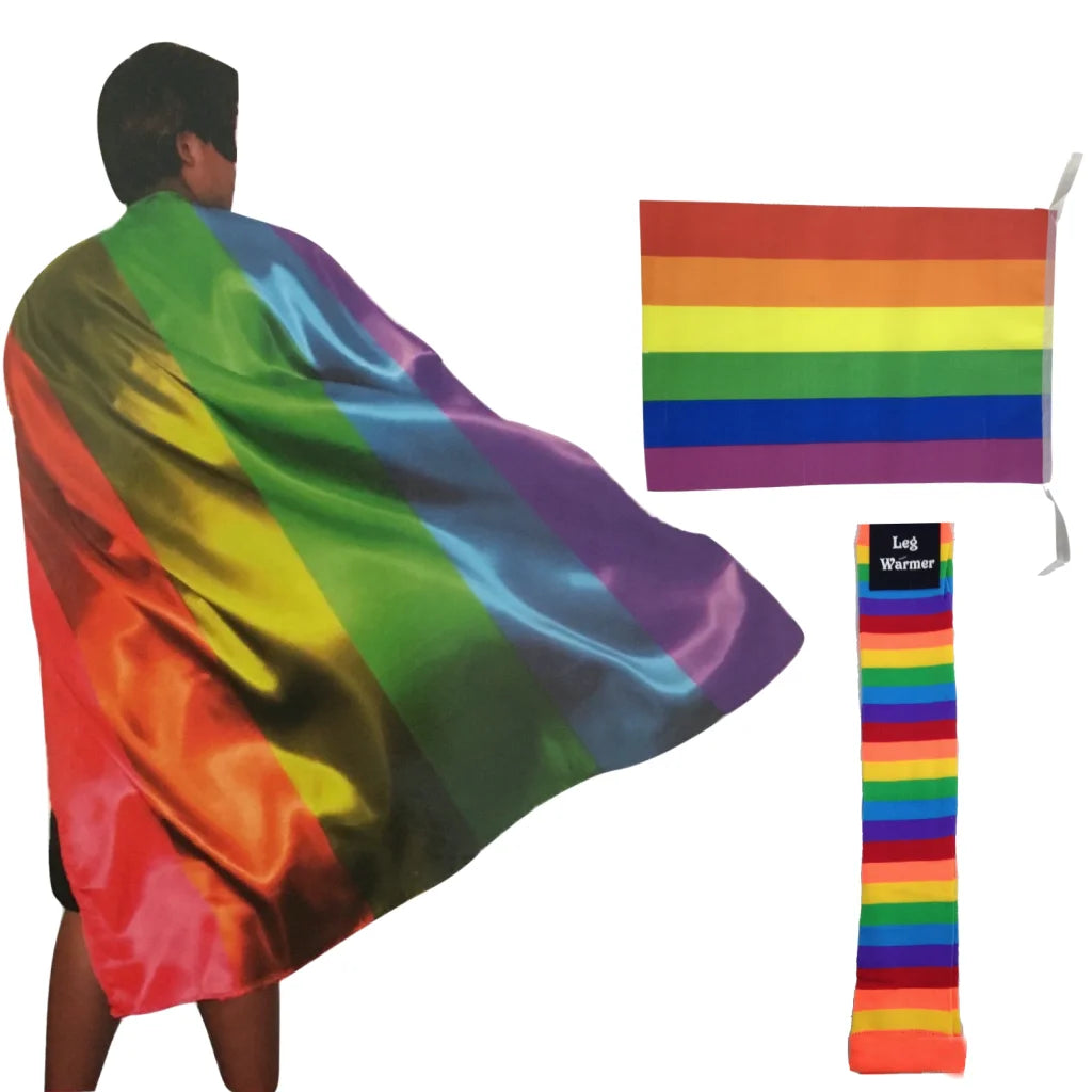 3x Set Rainbow Leg Warmers + Deluxe Cape + Bunting Flag