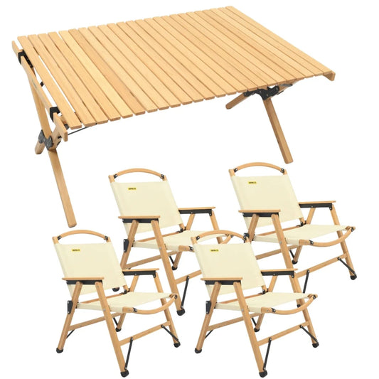 4 Chairs & 1 Table Set Bamboo Camping Folding Portable