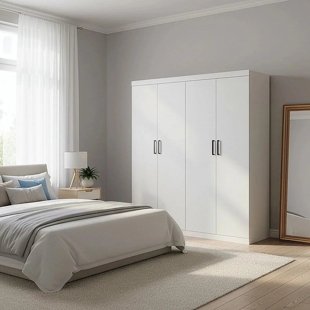 4 Door Wardrobe in White Gloss – Hanging Rail Shelves &