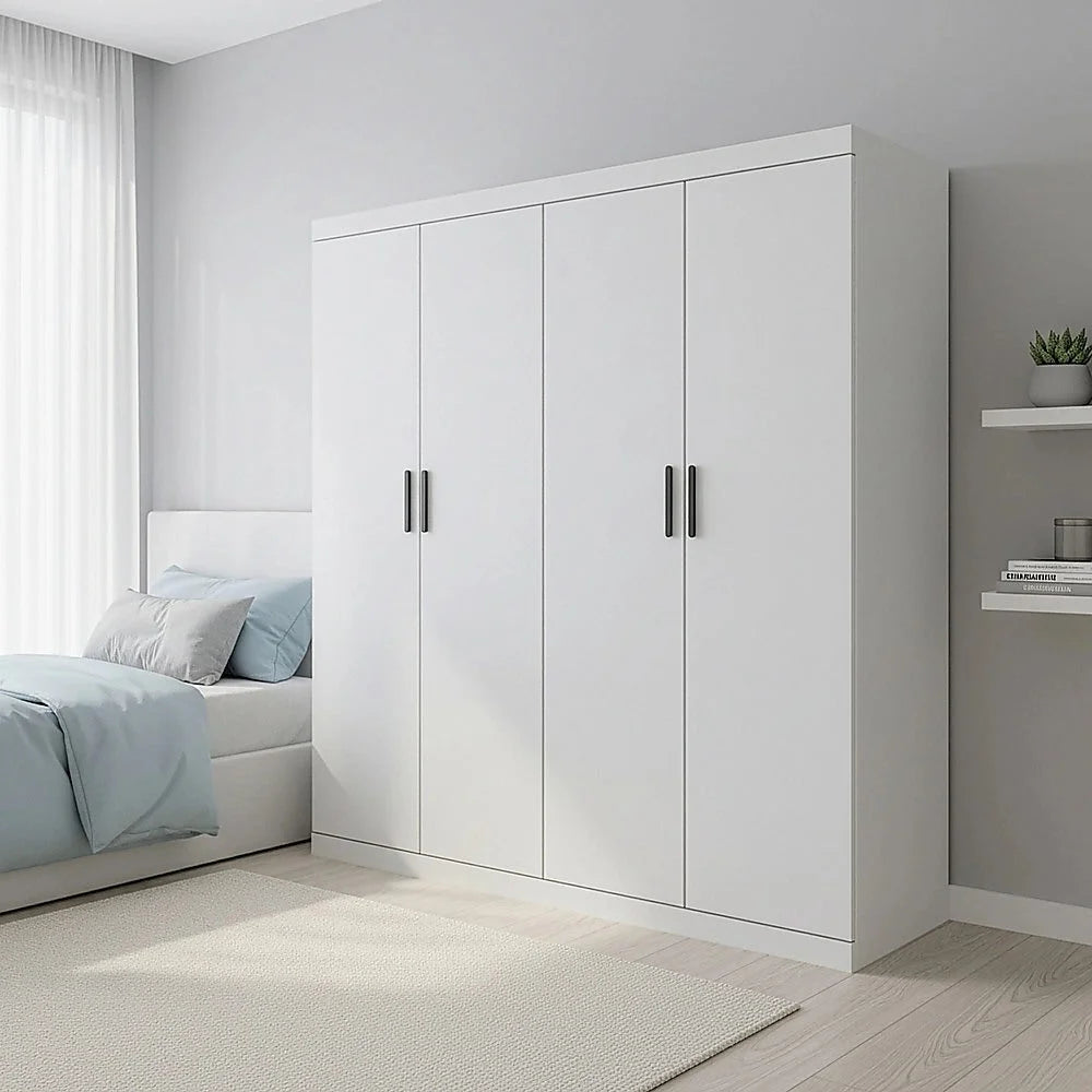 4 Door Wardrobe in White Gloss – Hanging Rail Shelves &