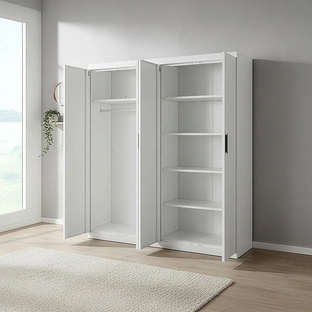 4 Door Wardrobe in White Gloss – Hanging Rail Shelves &