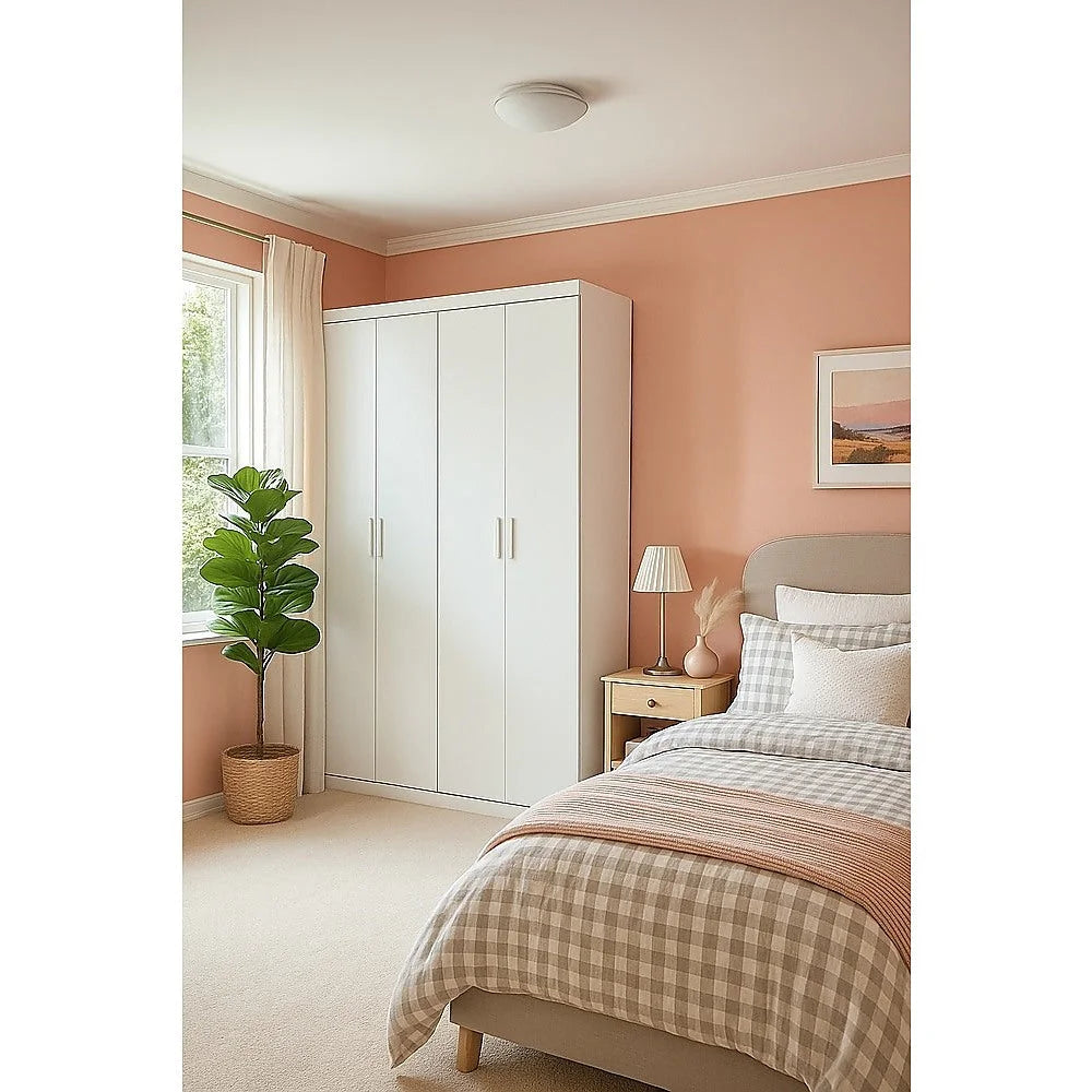 4 Door Wardrobe in White Gloss – Hanging Rail Shelves &