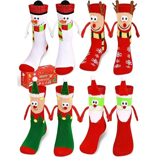 4 Pairs Christmas Socks Crazy Holiday Hand Holding Socks