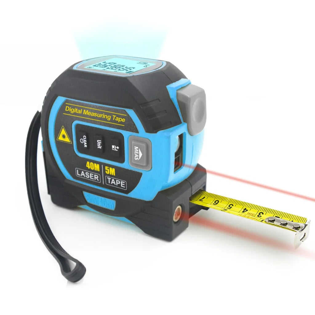 Blue 40m laser measure cross with storage shelves and support legs