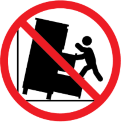 An illustration of a sign which emphasises never allowing children to stand, climb or hang on draws, doors or shelves of the furniture.