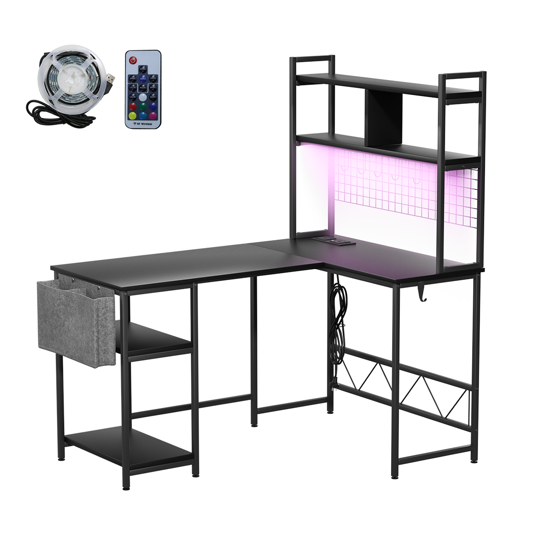 Levede L Shaped Gaming Desk with LED Lights Black