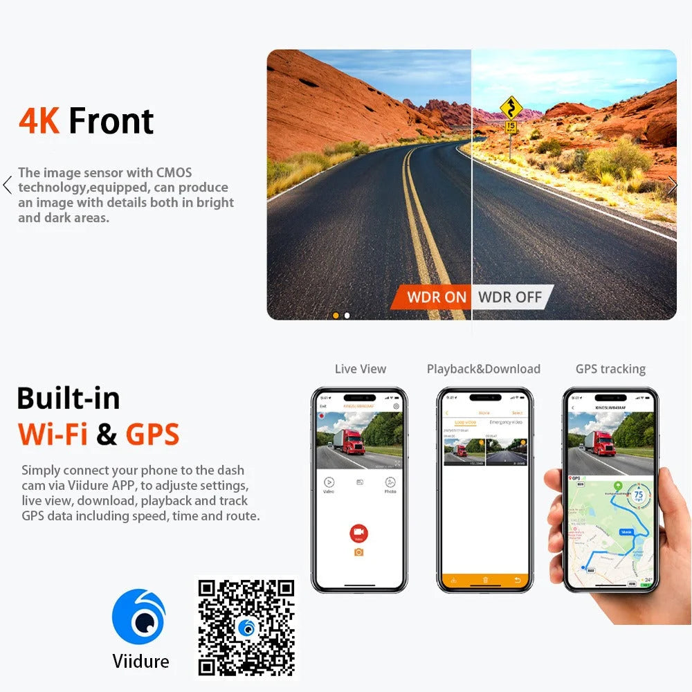 4K + 2.5K Dual Dash Cam with WiFi GPS ADAS Front and Rear