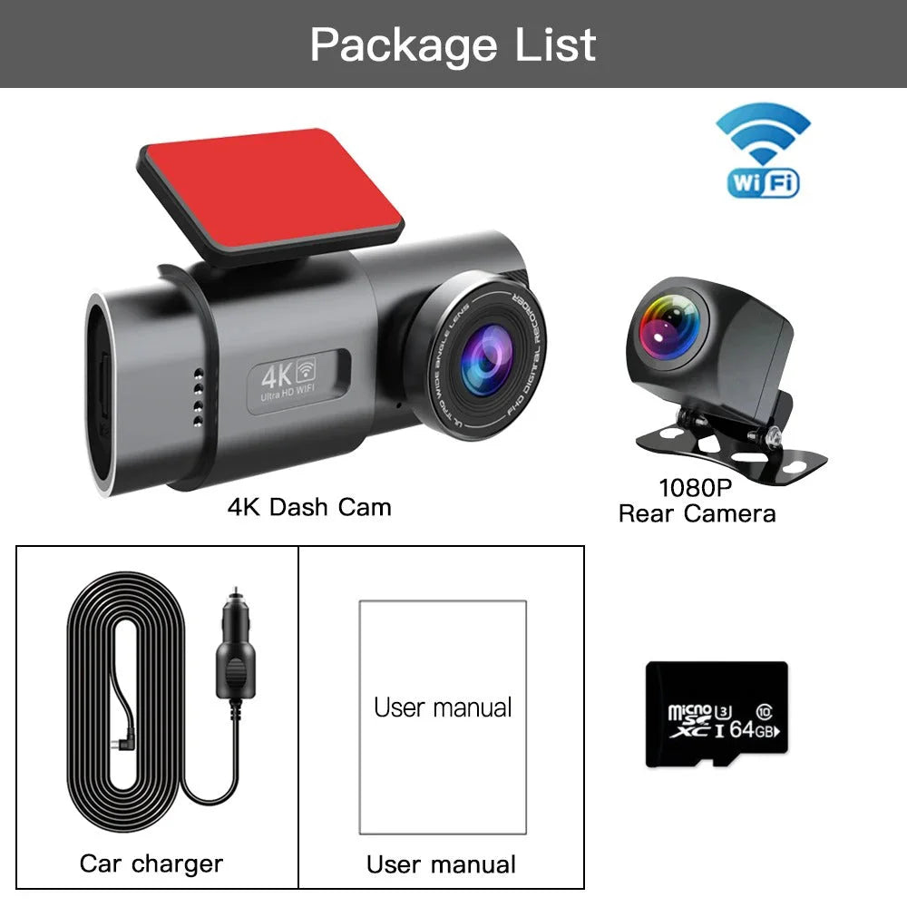 4K Dash Cam UHD 2160P WiFi Front Dashcam Night Vision Car