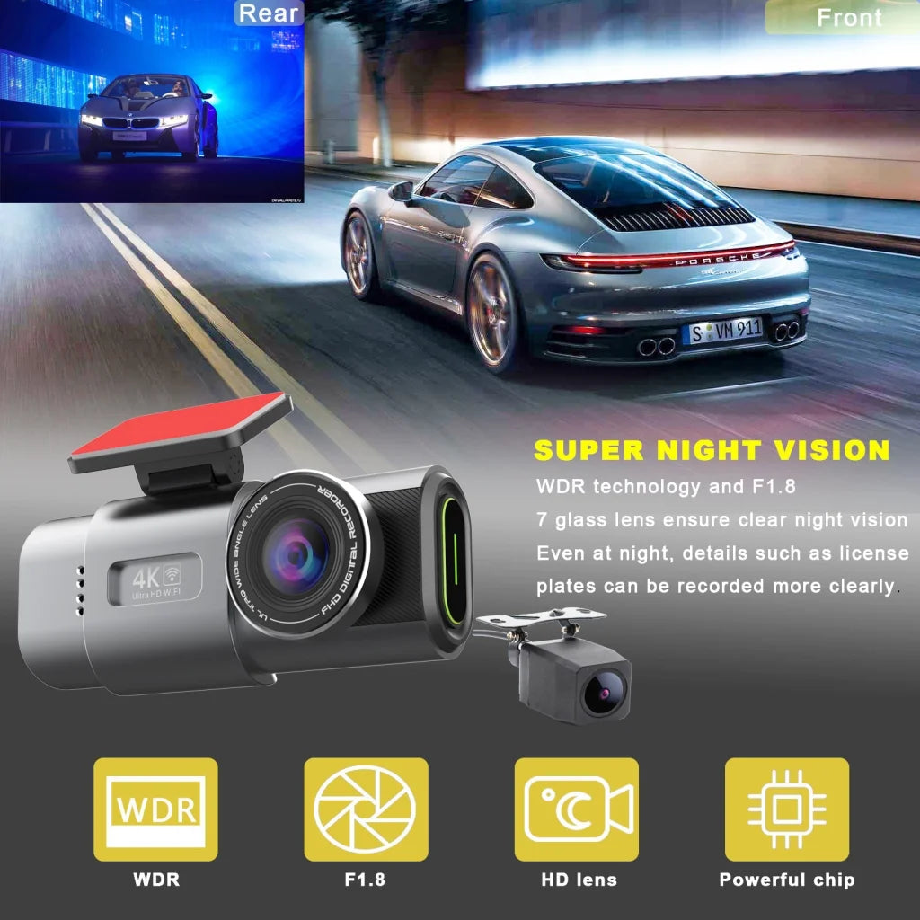 4K Dash Cam UHD 2160P WiFi Front Dashcam Night Vision Car