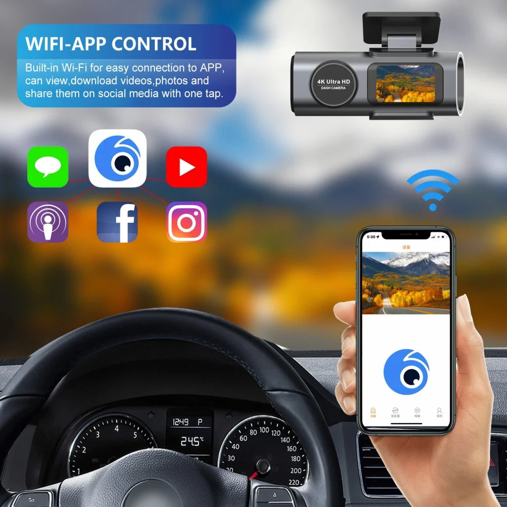 4K Dash Cam UHD 2160P WiFi Front Dashcam Night Vision Car