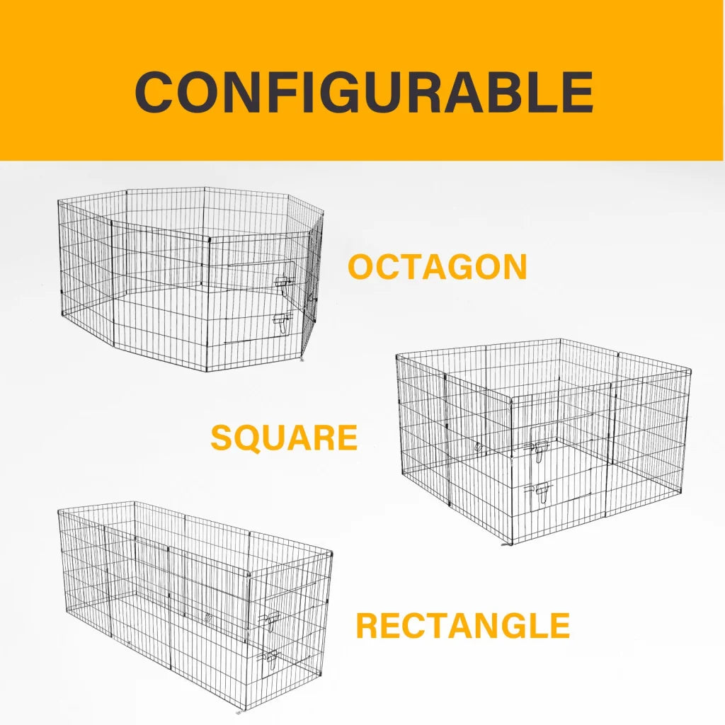 Black playpen puppy exercise with assembled layout and visible hardware