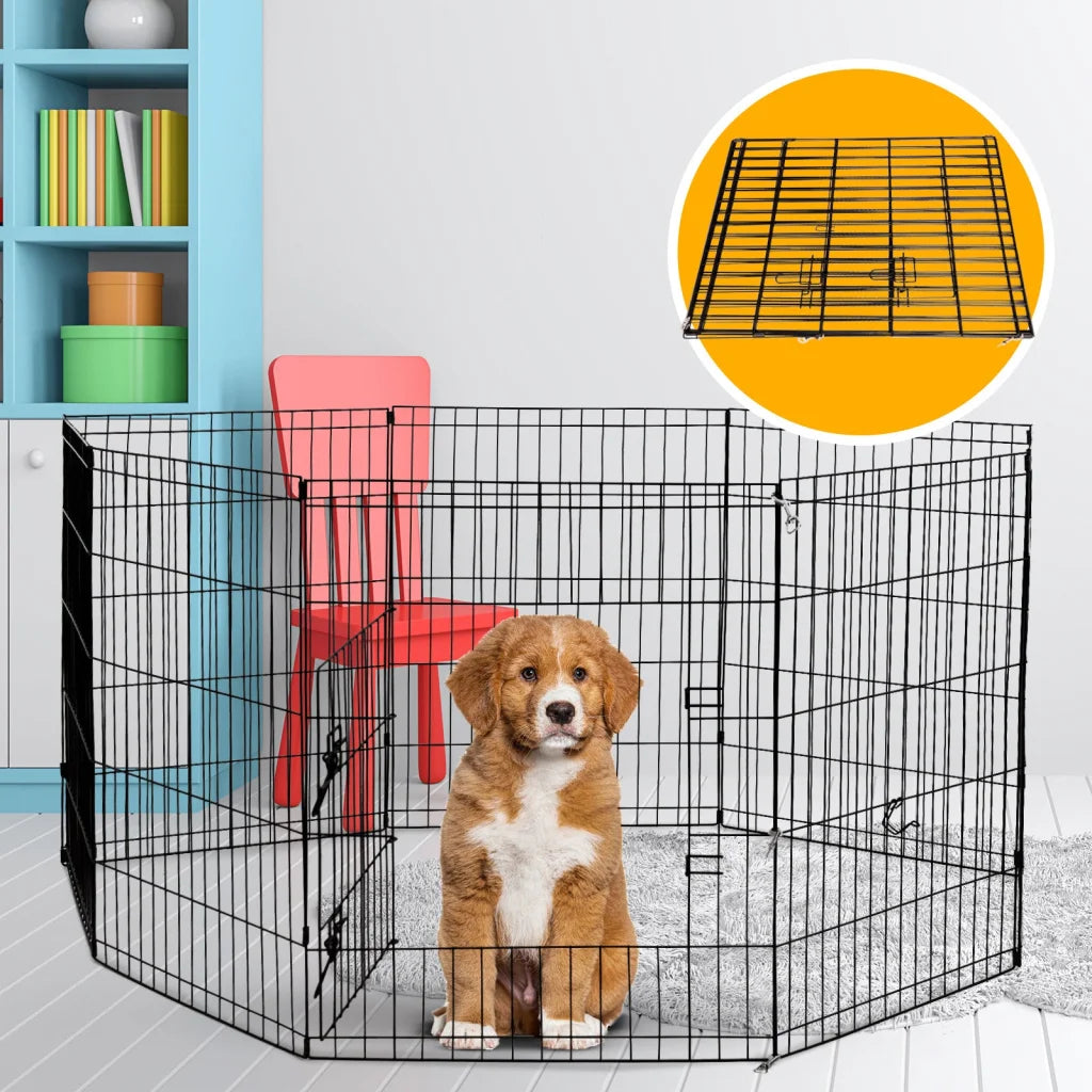 Black playpen puppy exercise with pack contents and accessory layout