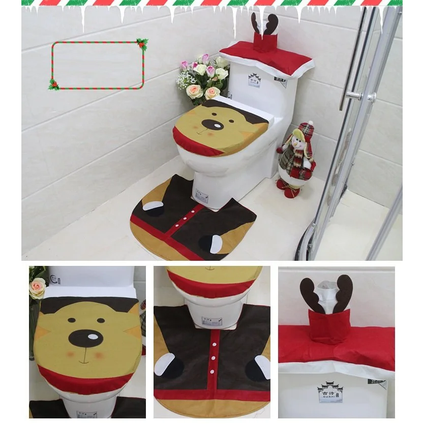 4pcs Christmas Toilet Seat Cover Rug Bathroom Set Santa